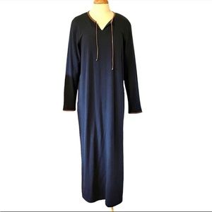 Lauren Ralph Lauren long knit navy dress with leather around neck and cuffs